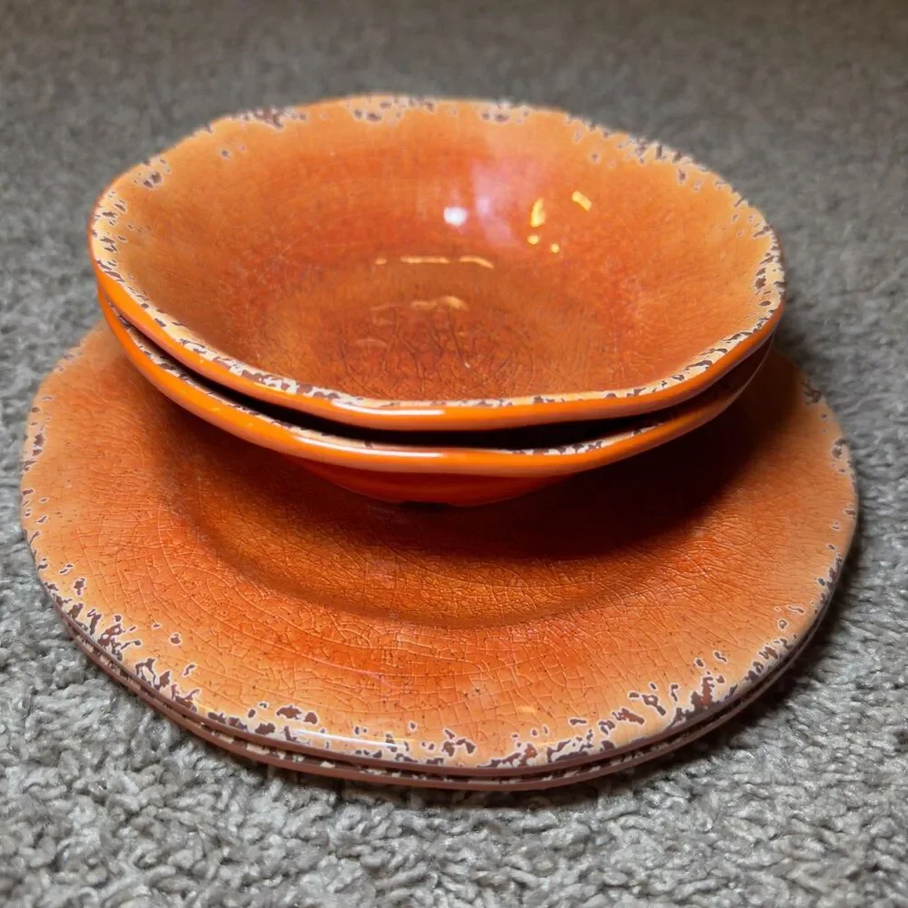 Pier 1 Imports Carmelo Melamine Orange Bowls Plates LOT of 4 Coastal Crackle Set
